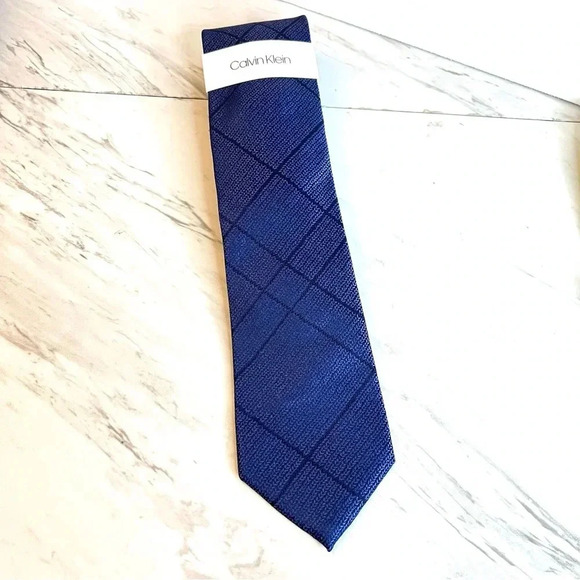 Calvin Klein Neck Tie Blue Woven Knit Plaid Skinny Slim Silk - Picture 2 of 5